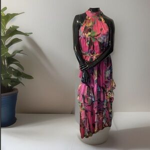 Alex Marie Nina Sleeveless Mock Neck A-line Fuchsia Floral Long Dress SZ 6